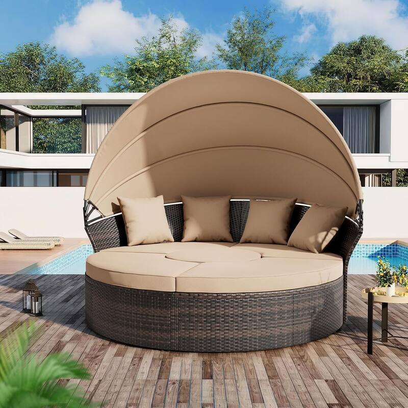 Nuon 4-Piece/5Piece Outdoor Patio Conversation Set Wicker Daybed Set with Canopy by Havenside Home - 5-Piece/Brown
