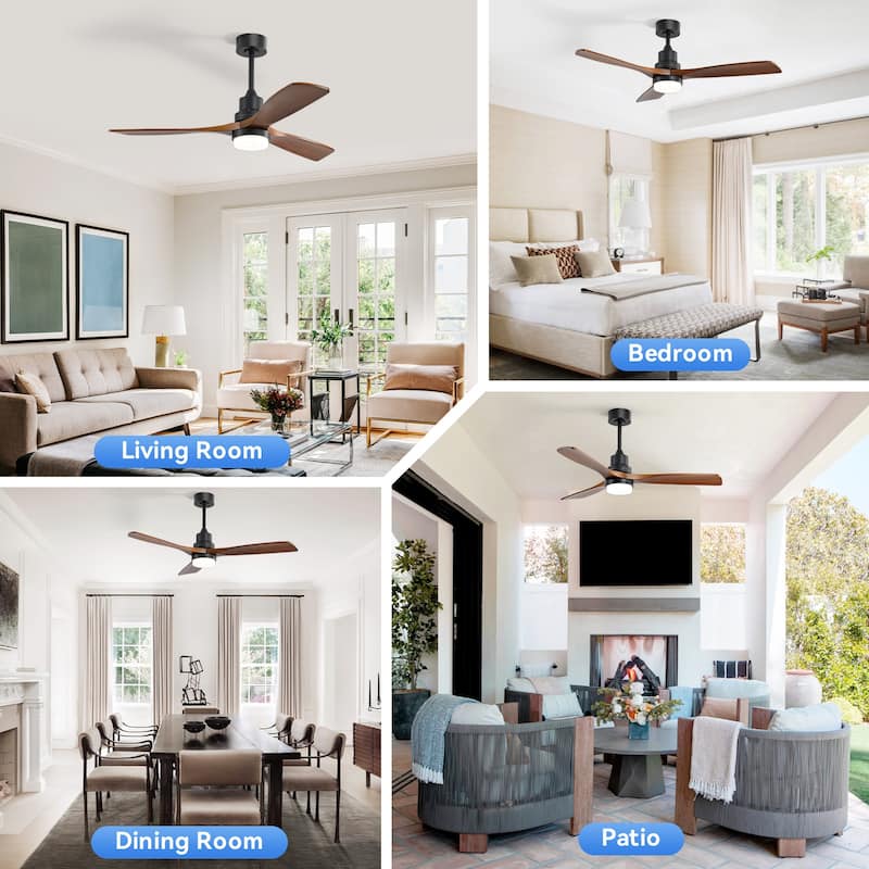 52" Solid Wood Noiseless 3-Blade Ceiling Fans with Dimmable LED Light Optional and Remote, 6-Speed Reversible DC Motor