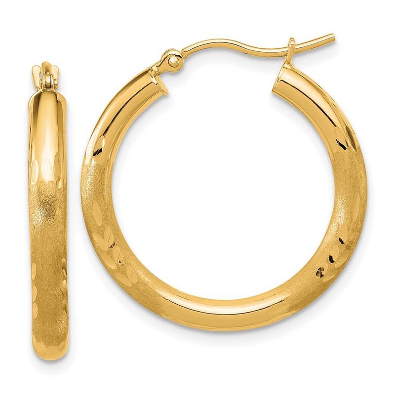 Curata 14k Yellow Gold Satin and Sparkle Cut Round Hoop Earrings - 25x25mm