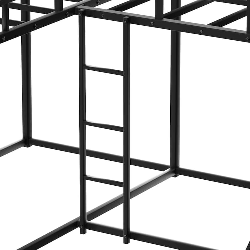 Queen Bunk Bed, Metal Bed Frame With Full-Length Guardrail and Ladder, Black.
