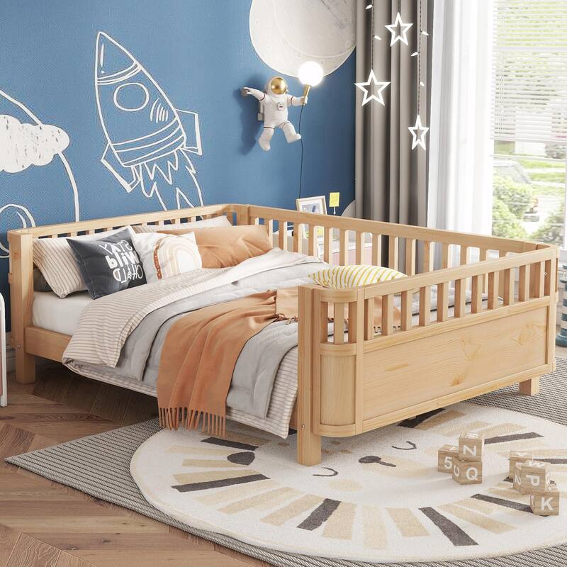 Wood Platform Bed for Kids, Low Profile Wooden Full Bed with Rails