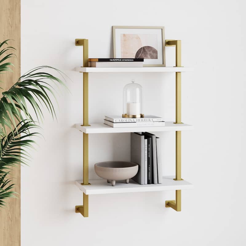 Nathan James Theo 3-Shelf Bookcase Floating Wall Mount Wood with Metal Frame - White/Brass Gold