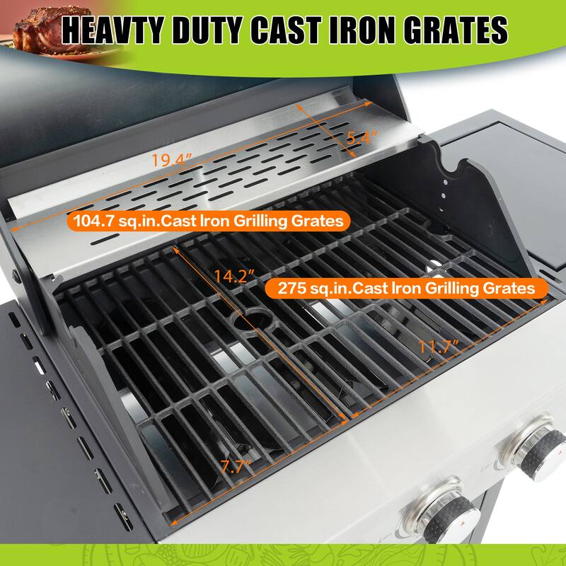 Propane Grill 3 Burner Barbecue Grill Stainless Steel Gas Grill with Side Burner, for Outdoor Cooking, Patio, Garden