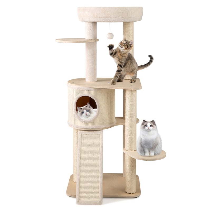 Gymax 56'' Tall Cat Tree Wooden Kitten Tower w/Sisal Scratching Posts