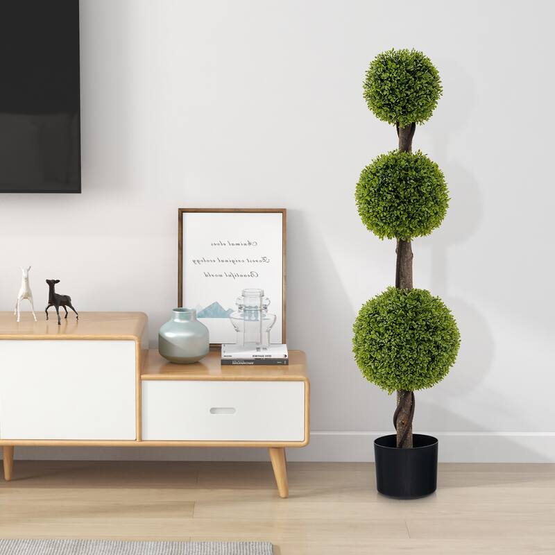 Gymax 4 FT Artificial Boxwood Topiary Ball Tree w/ Weighted Pot Faux