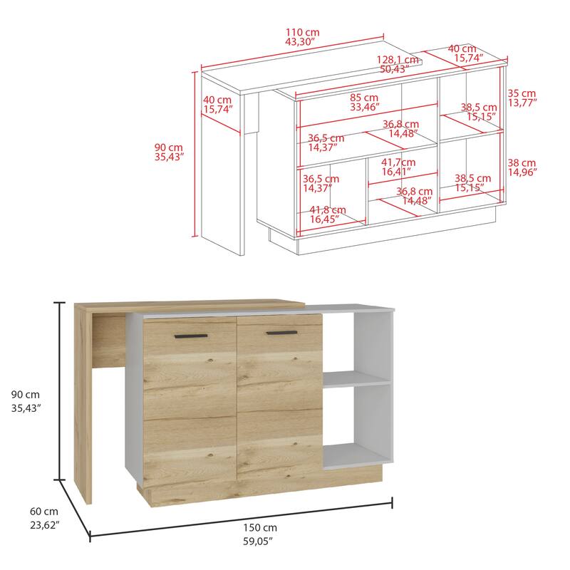 Stationary Rectangular Kitchen Island with Spacious Storage, Open Shelving & Elegant Modern Design