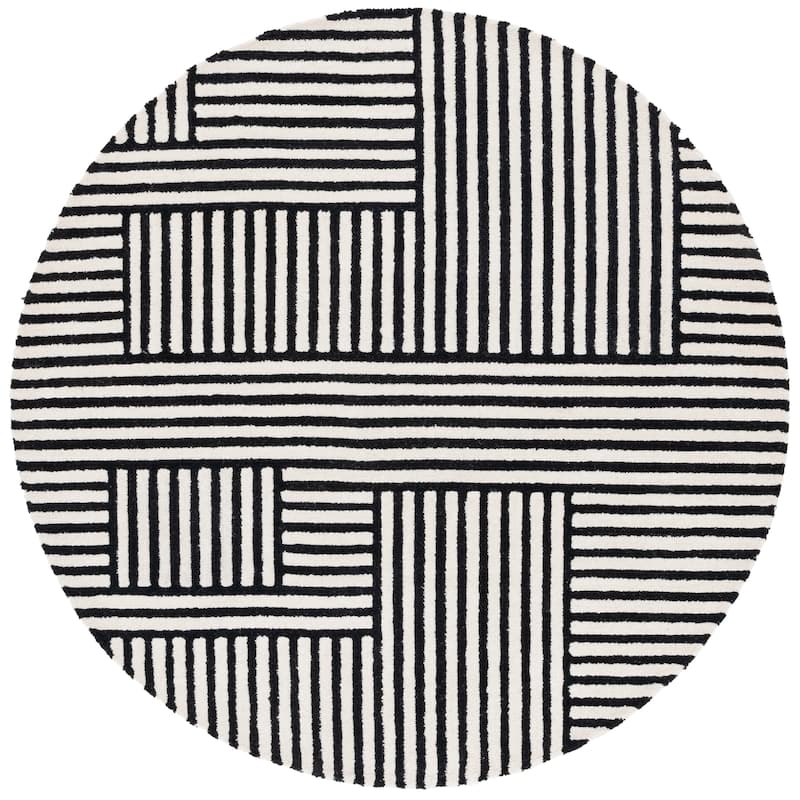 SAFAVIEH Handmade Chatham Eldbjorg Geometric Wool Rug - 6' Round - Ivory/Black