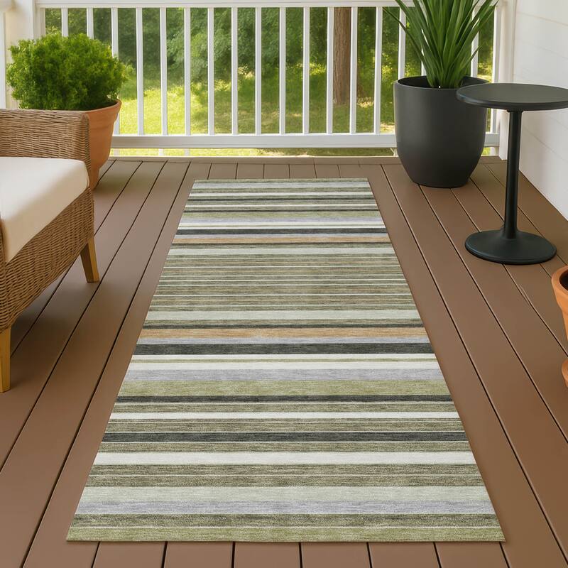 Machine Washable Indoor/ Outdoor Modern Stripes Chantille Rug - Olive - 2'3" x 7'6"