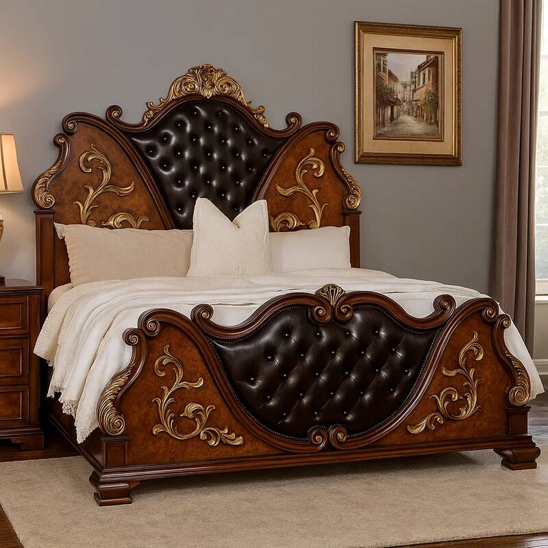 Iliana Queen Bed, Dark Cherry Brown, Black Faux Leather, Gold Carvings