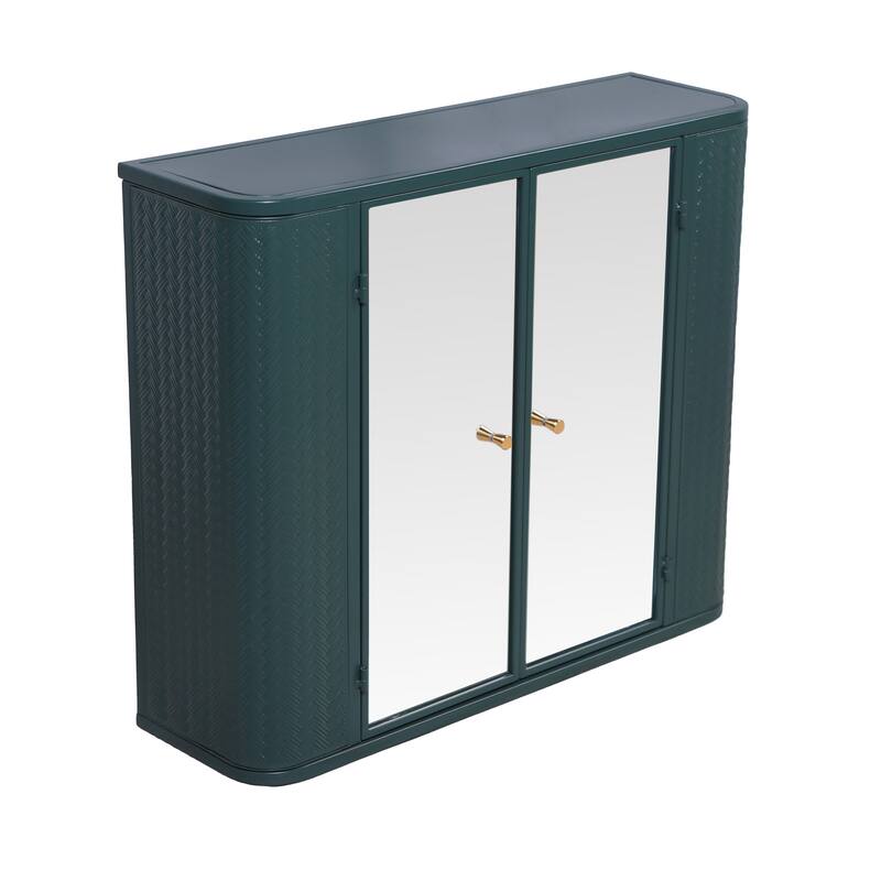 Farmhouse Metal Frame Bathroom Wall Cabinet，Dual Mirrored Doors & Open Shelf，Over-the-Sink or Toilet Storage