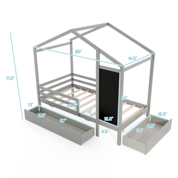 dimension image slide 0 of 3, Kids House-Shaped Twin Size Bed with 2 Large Drawers with Blackboard