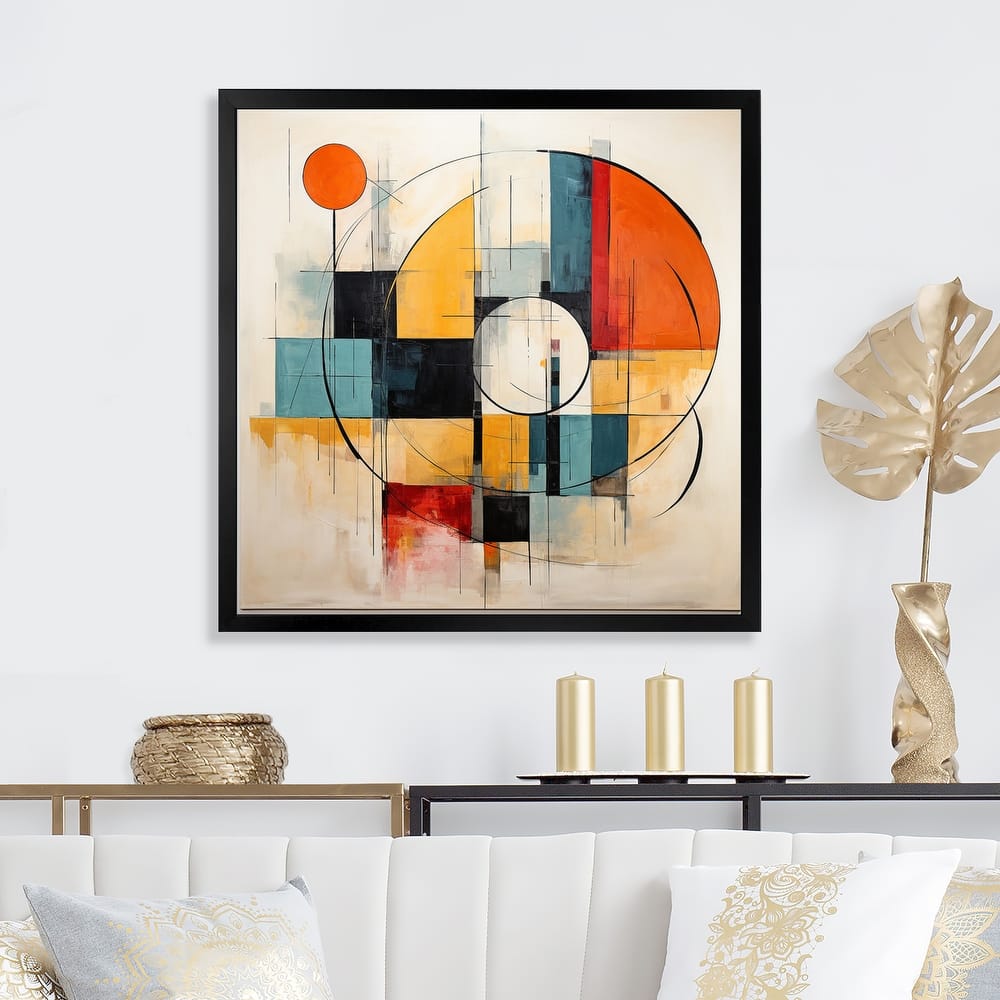 Designart "Blue Orange Mid Century Geometric Abstractions II" Mid-century Framed Wall Art Living Room