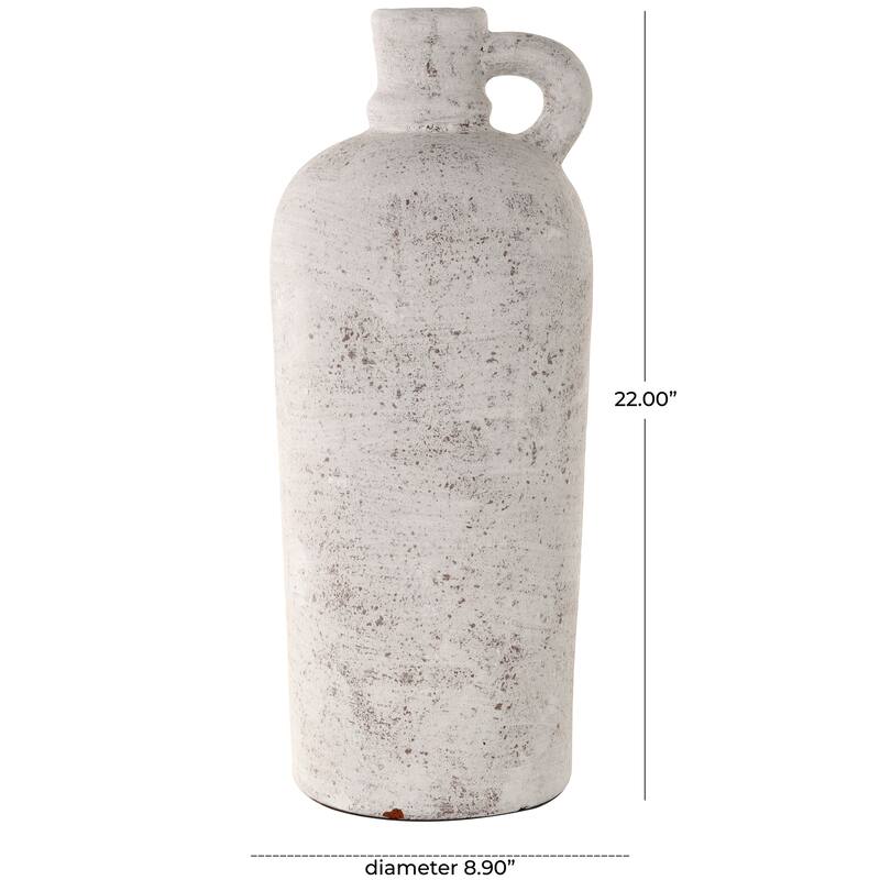 Cream Ceramic Antique Style Textured Decorative Vase with Curved Handle