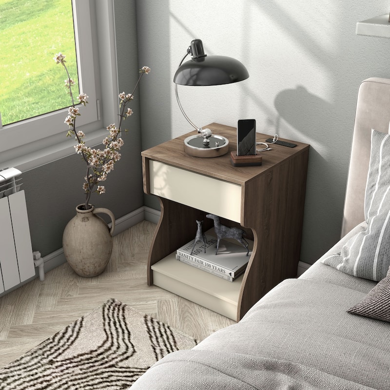 24/7 Shop At Home Modern Chestnut Brown 1-Drawer Nightstand with Charging Station and Hidden Storage