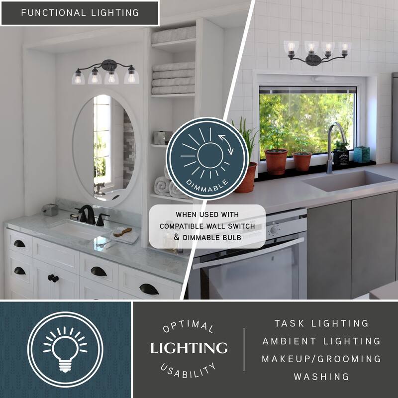 Bellwood Traditional Bathroom Vanity Wall Lighting Fixture, Glass Shade, Dimmable, LED Compatible, Over the Mirror Mount