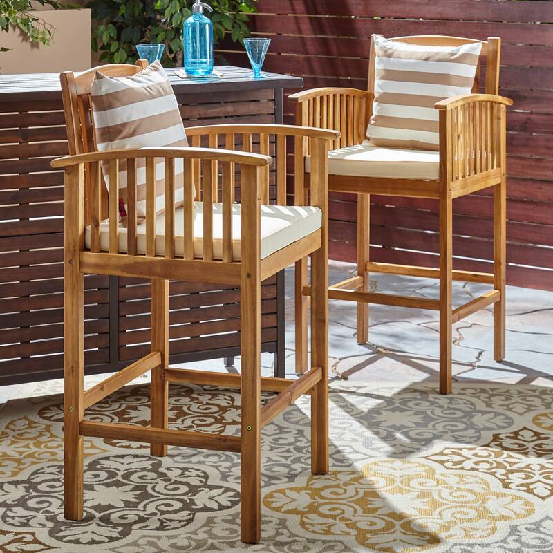 Roomfitters 2-Piece Outdoor Acacia Wood Bar Stools, Slat Back Patio High Dining Chairs with Cushions & Armrests, Beige+Natural - Beige