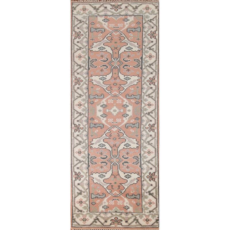 Floral Peach Oushak Style Runner Rug Hand-knotted Wool Carpet - 2'7"x 8'2"