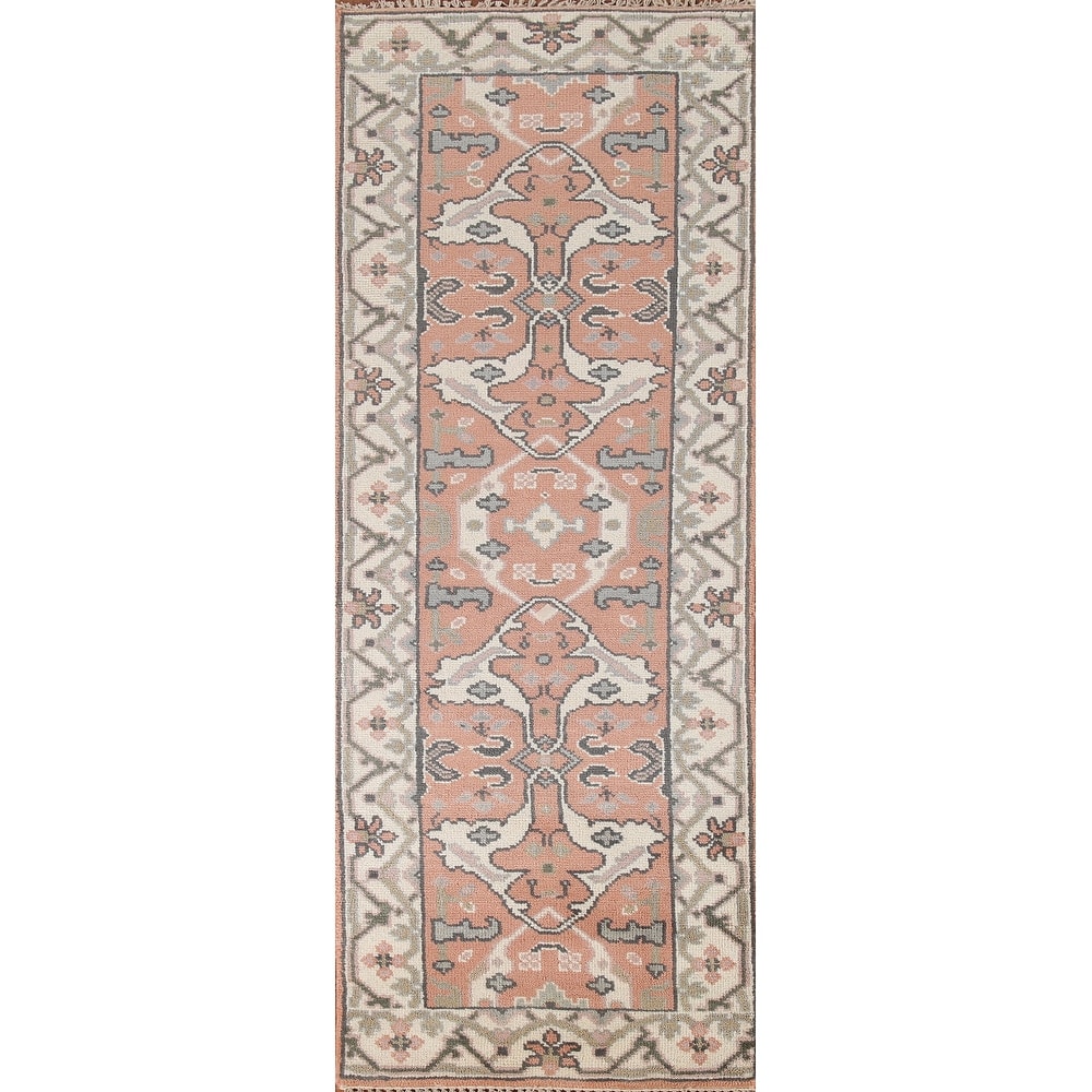 Floral Peach Oushak Style Runner Rug Hand-knotted Wool Carpet - 2'7"x 8'2"