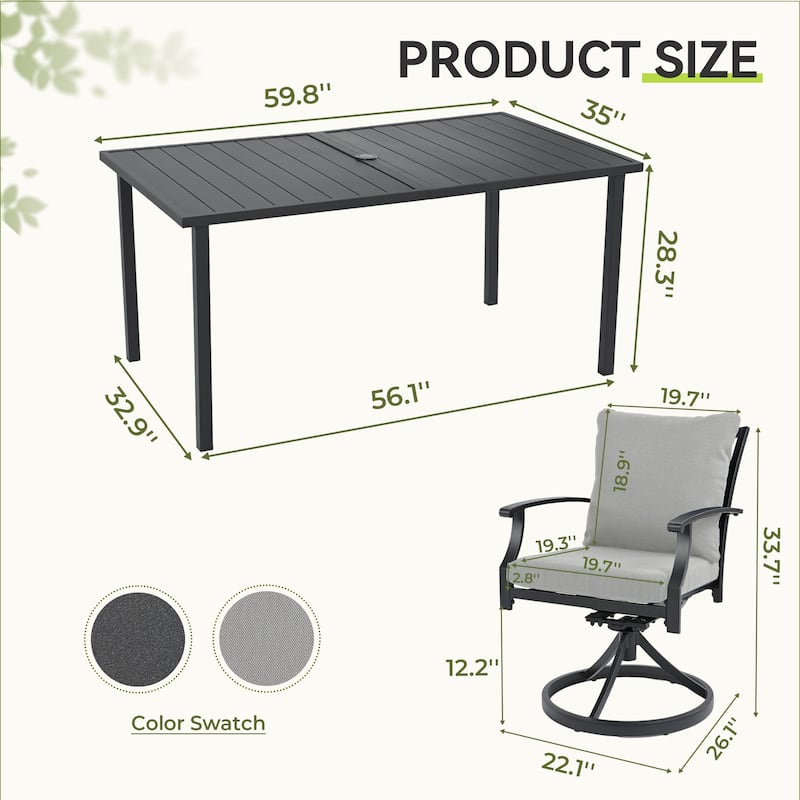 IvyGlow 7-Piece Black Metal Patio Dining Set with Rectangular Table, 6 Swivel Dining Chairs and Gray Cushions