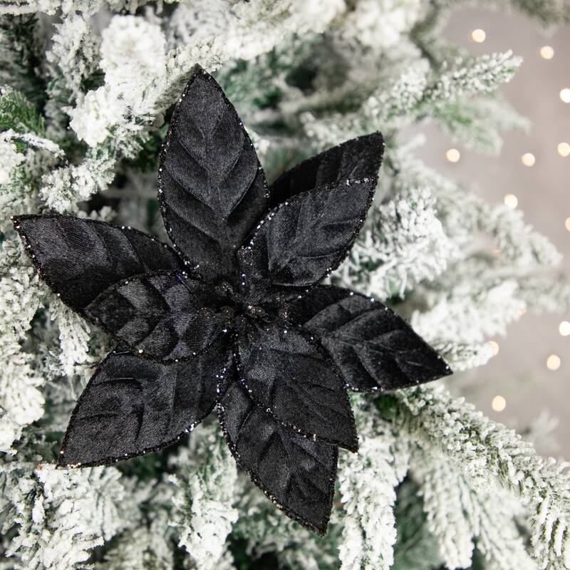 Glittered Poinsettia Christmas Floral Pick Clip-On Ornament - 10" - Black