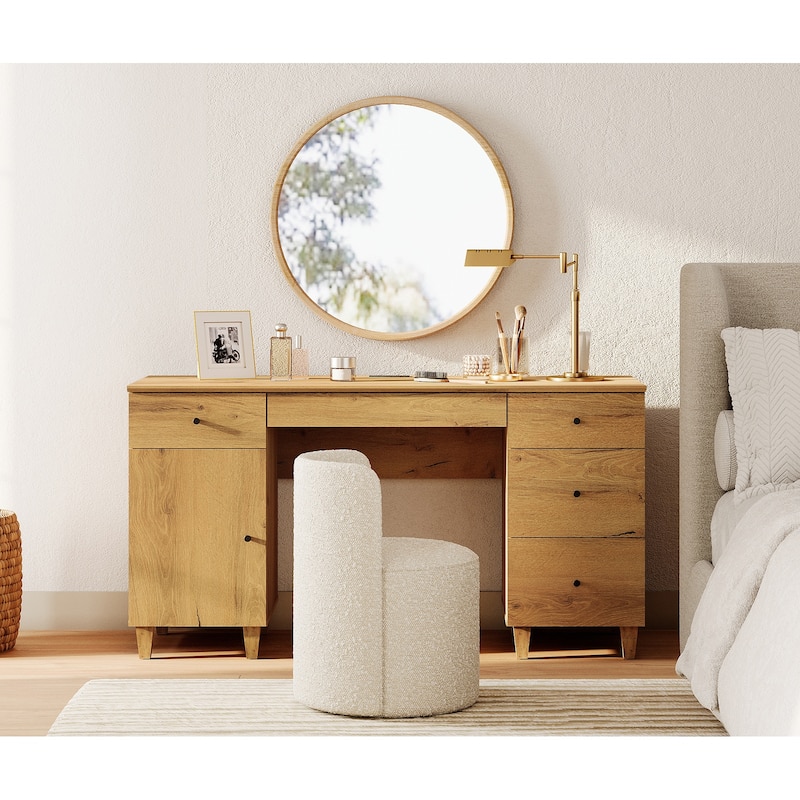 58" Wooden Vanity Desk with Storage Cabinet and Charging Station for Girls, Vanity Dressing Table for Bedroom - Dark Brown Wood