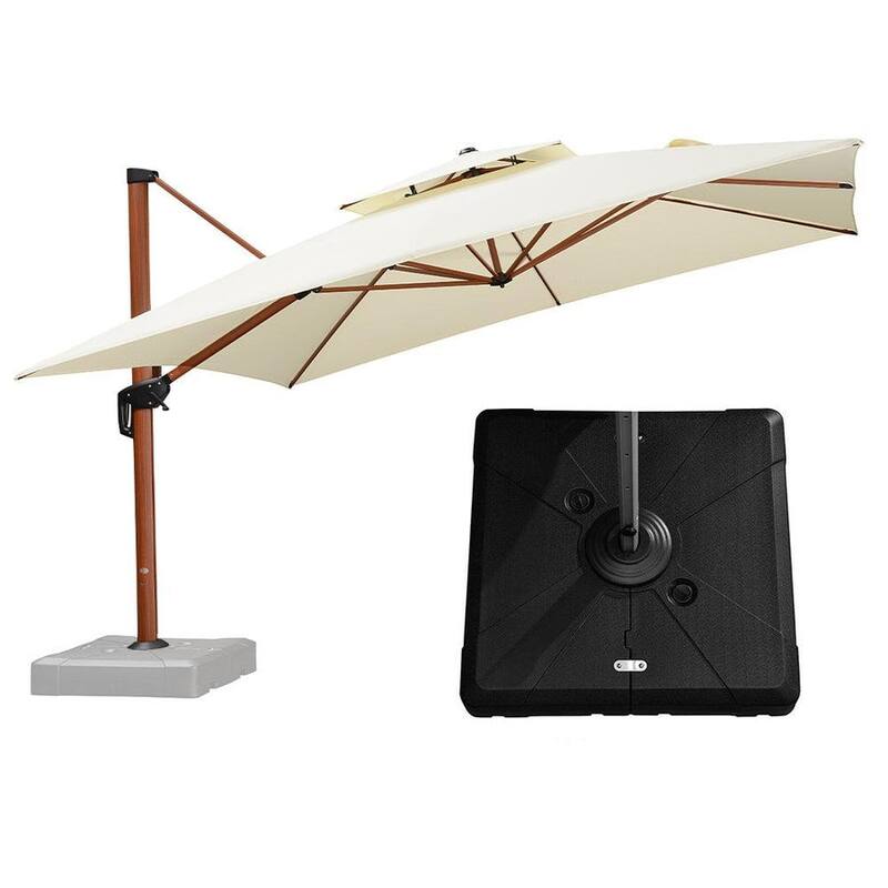 PURPLE LEAF 10 ft Square Wood Pattern Patio Cantilever Umbrella with Base - Cream