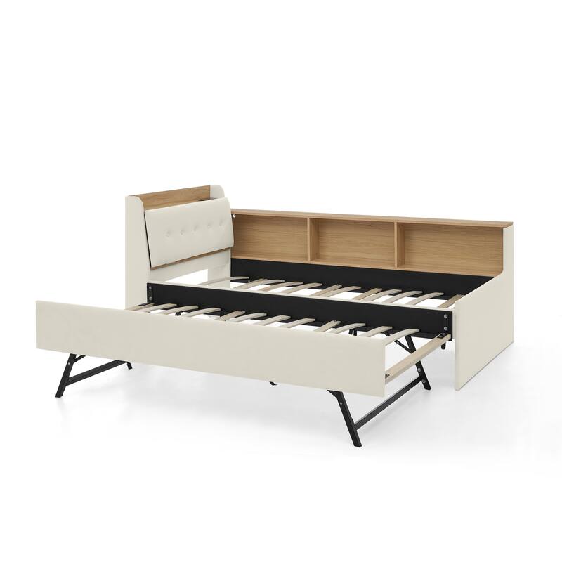 Twin Size Height Adjustable Day Bed with Headboard and Wireless Charging, Multi-functional Daybed with Trundle Bed & LED Lights