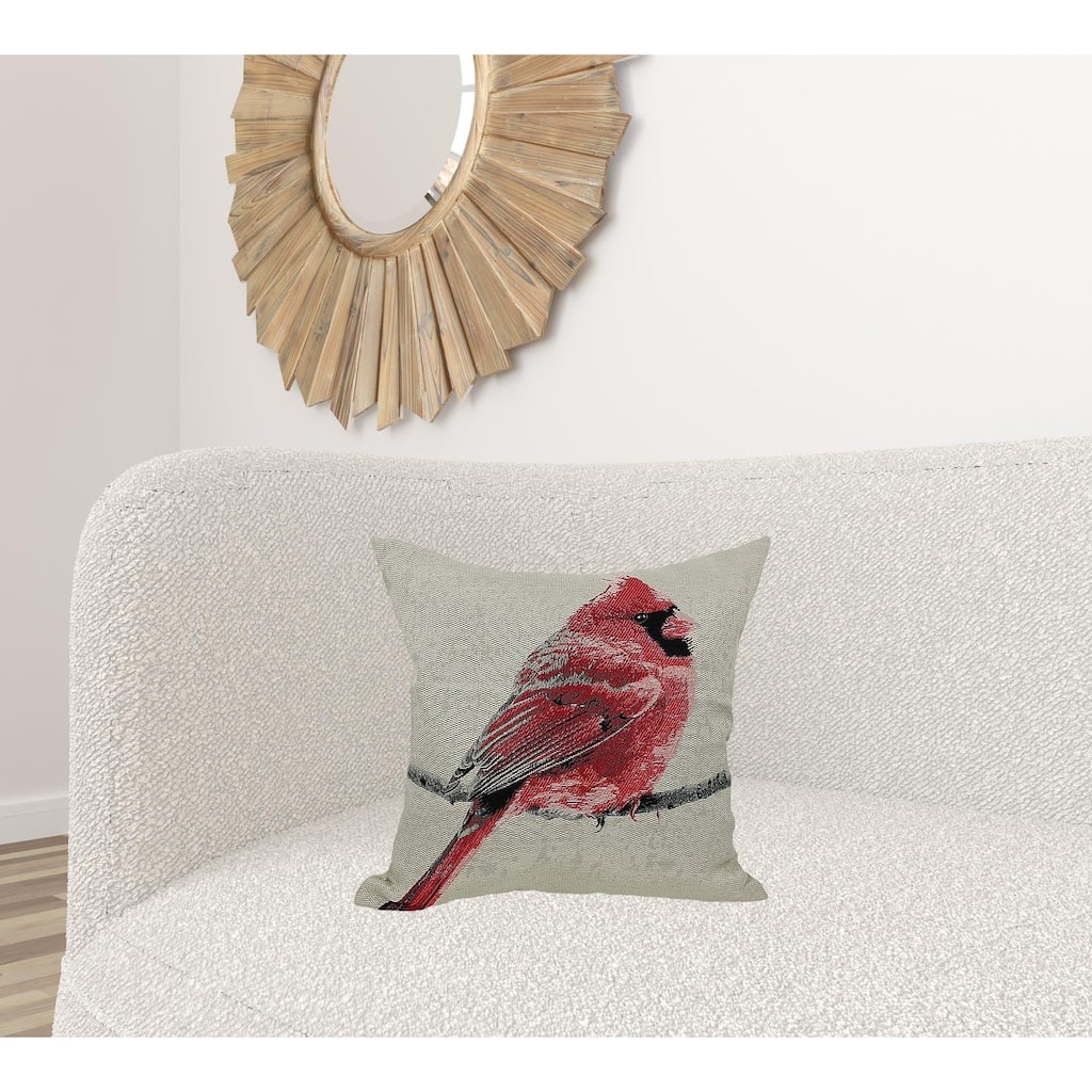 HomeRoots 18"x18" Red Cardinal Polyester and Cotton Blend Zippered Pillow With Embroidery