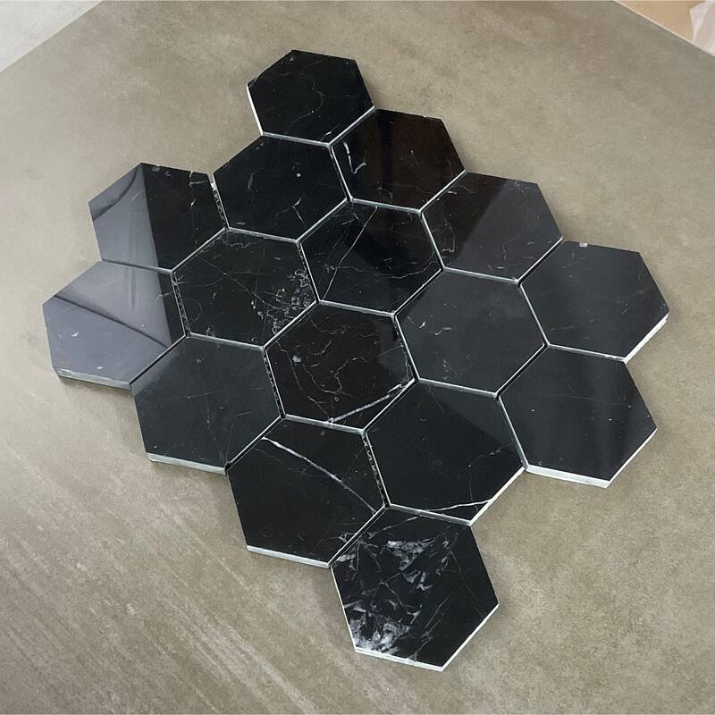 Nero Marquina 3" Hexagon Marble Wall and Floor Mosaic - Case (10 Sheets)
