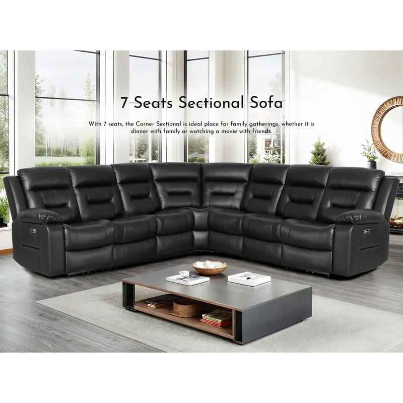 119'' Faux Leather Power Recliner 7-Seat Large Sectional Reclining Sofa with USB Port