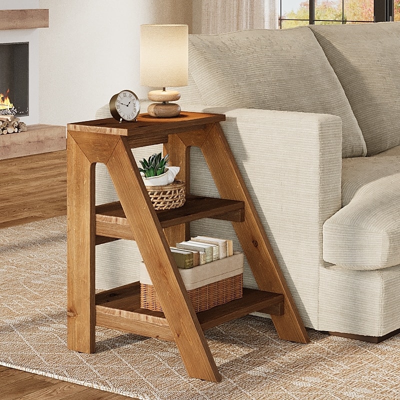 Solid Wood End Table with Storage Shelves, 3-Tier Ladder Shape Side Table