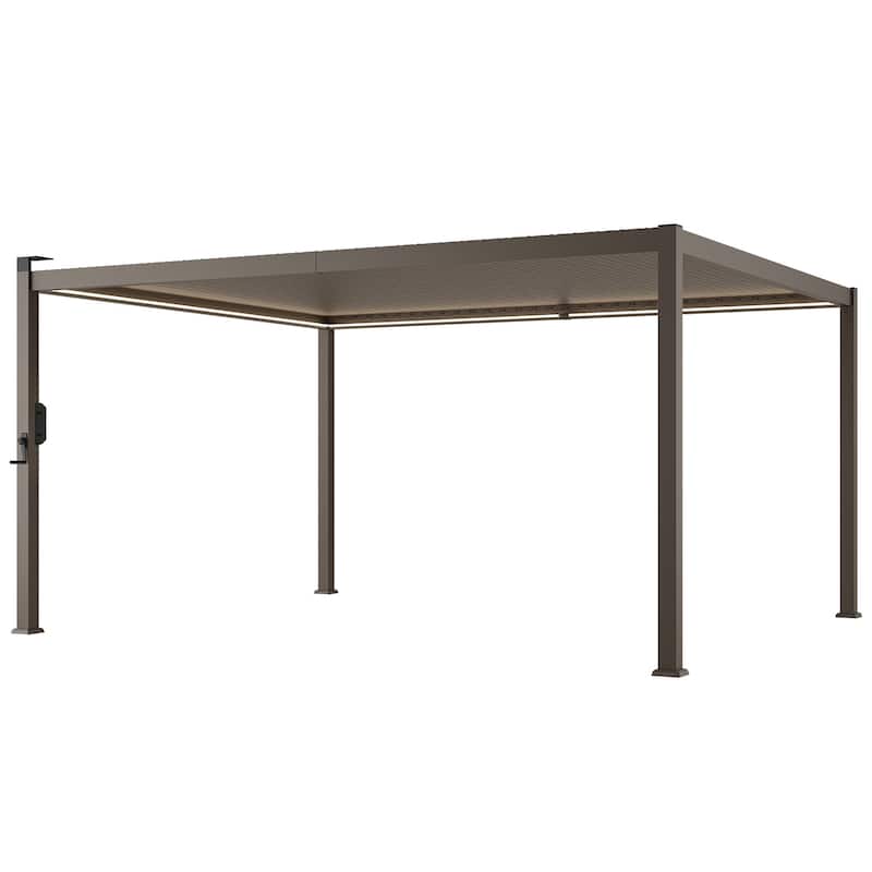 BONOSUKI Outdoor Aluminized Steel LED Louvered Pergola with Adjustable Roof, Brown