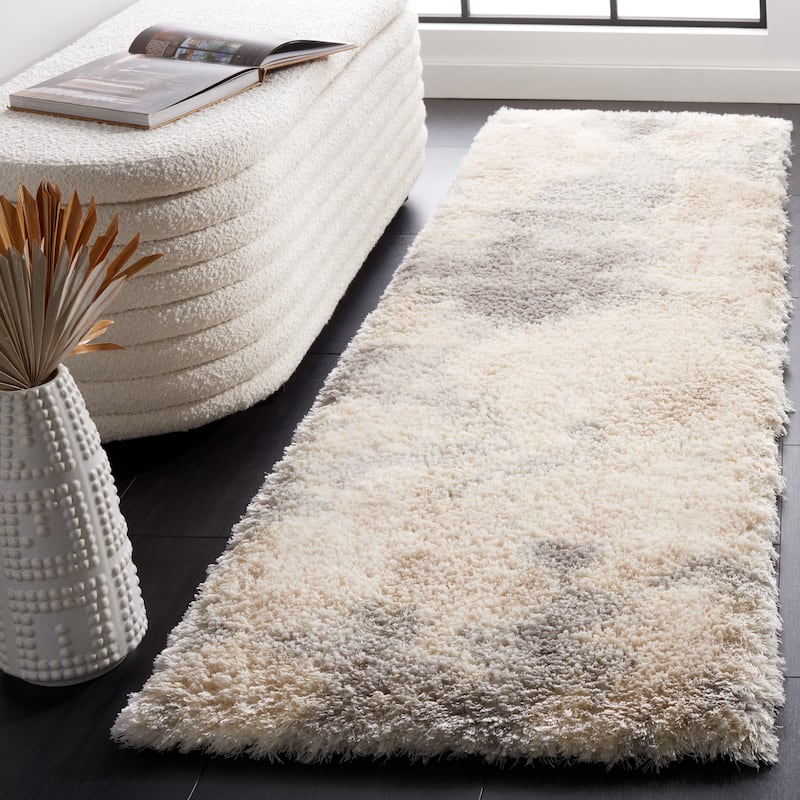 SAFAVIEH Cloud Shag Georgie Modern Abstract 2-inch Thick Rug - 2'3" x 8' Runner - Ivory/Grey
