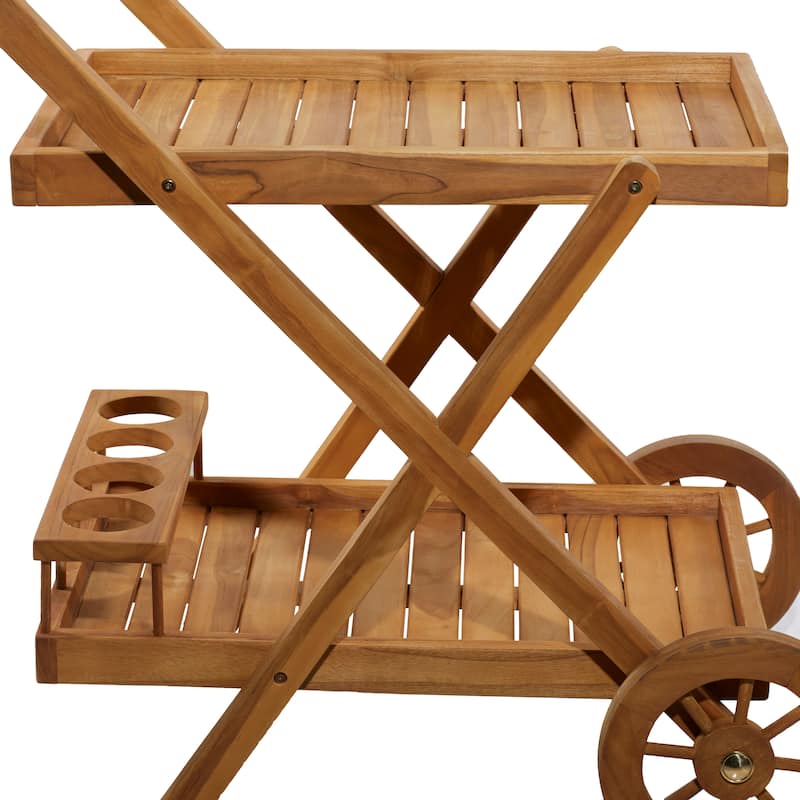 Teak Wood Indoor Outdoor Rolling 2 Shelves Bar Cart with Wheels and Handle - Brown - Roche River Decor - 21"W x 32"L x 32"H
