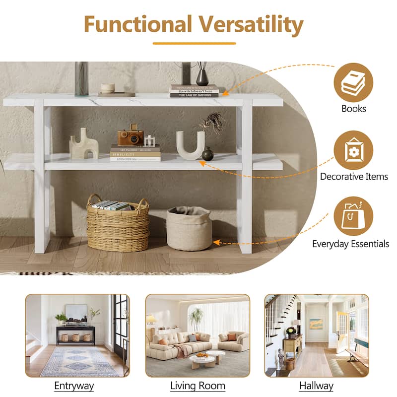 Homy Casa Narrow Console Table Marble-Effect Top and Open Shelf