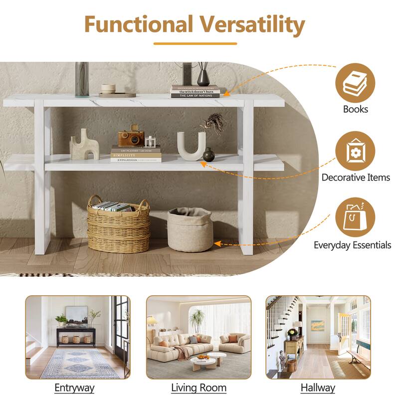 Wooden Narrow Console Table with Marble Effect Top, 54" Retro Rectangular Entryway Sofa Table with Open Shelf