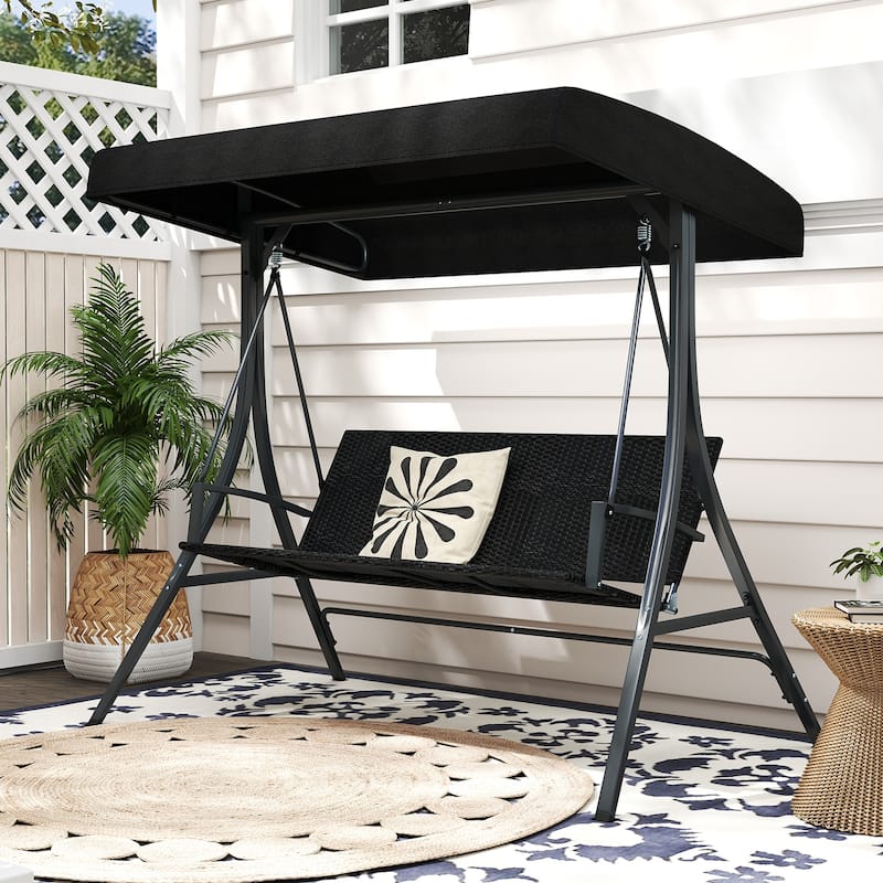 Gymax 3-Person Porch Swing w/ Stand w/ Rattan Seat Back Metal Frame
