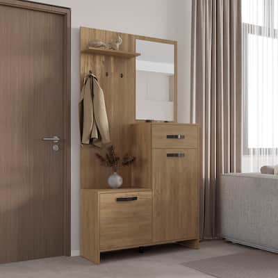 Elegant Hall Tree with 2 Doors, 1 Drawer, 1 Shelf, and Mirror - Practical Storage Solution for Entryways and Hallways
