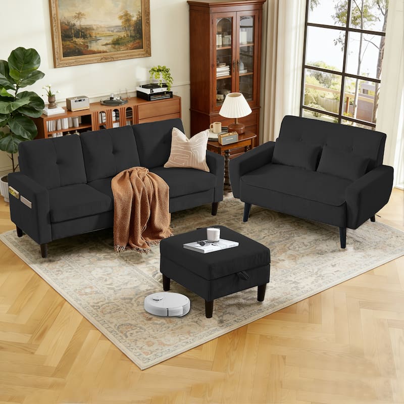 79.14" Corduroy 3 Piece Living Room Set with Sofa,Storage Ottoman and Loveseat