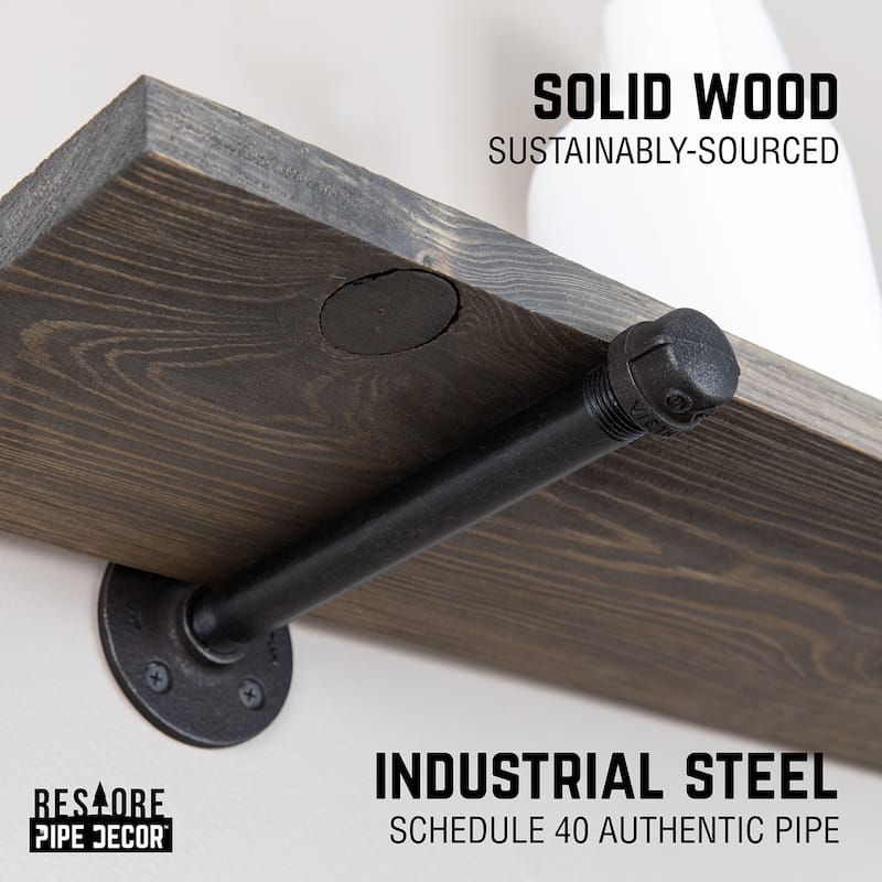 PIPE DECOR 36" Solid Wood Wall Shelves with Rustic Black Industrial Steel Pipe Brackets, Set of 2