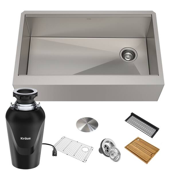 slide 23 of 54, KRAUS Kore Stainless Steel Farmhouse Kitchen Sink with Accessories 32 7/8" x 20 1/4" (sink KWF410-33) w/ KWD100-75MBL - Stainless Steel with Black Garbage Disposal