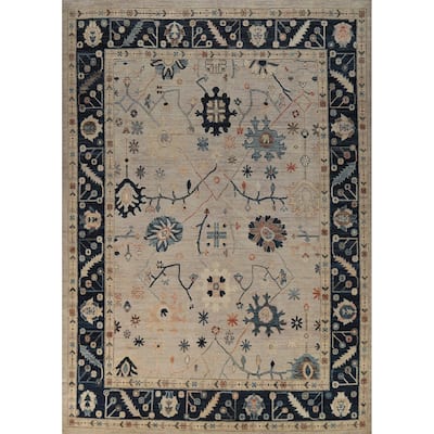 Vegetable Dye Oushak Turkish Rug Handmade Floral Grey Wool Carpet - 8'10" x 11'9"