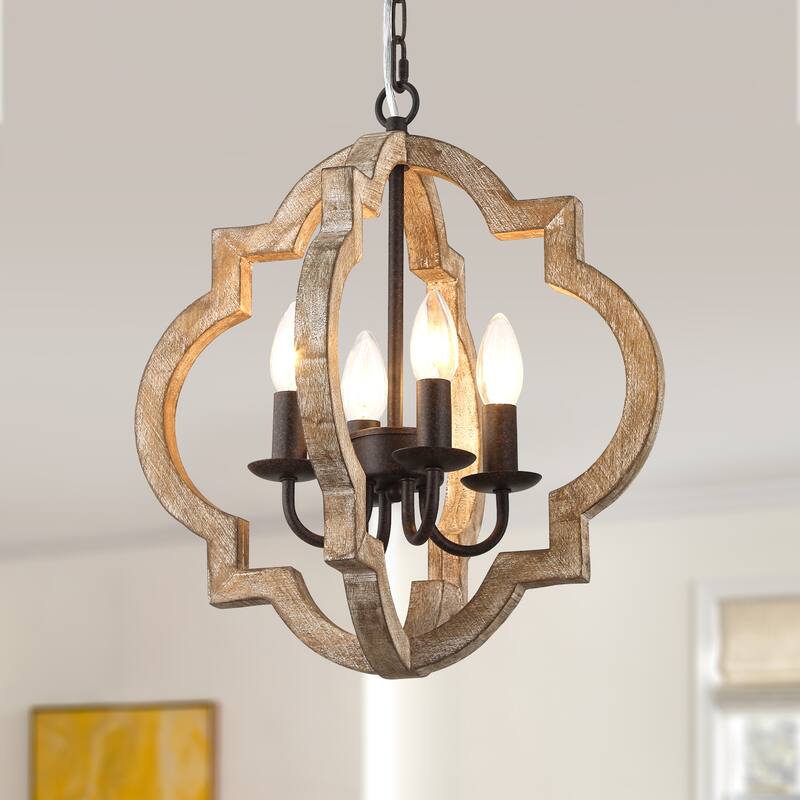 Cusp Barn 4-Light Wood Farmhouse Chandelier, Rustic Dining Room Light Fixture Over Table, Vintage Hanging Pendant Light