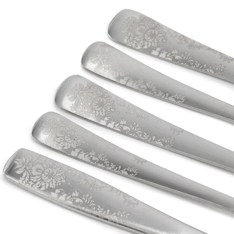 20 Piece Stainless Steel Floral Flatware Set in Matte Silver
