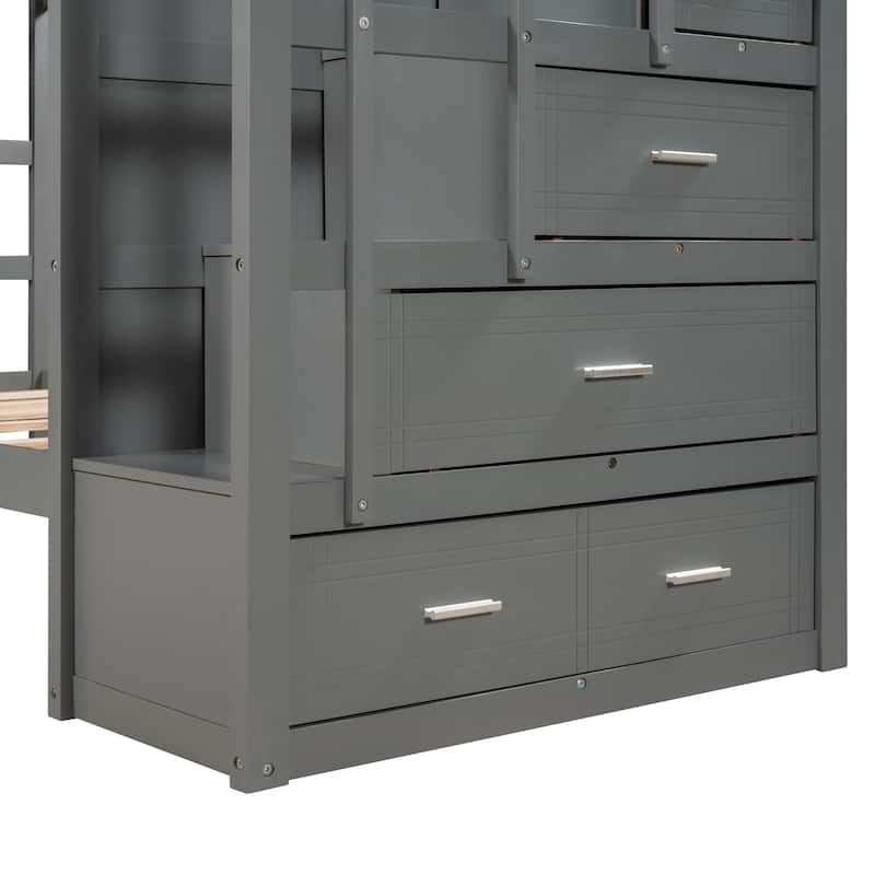 Solid Wood Bunk Bed , Hardwood Bunk Bed with Trundle and Staircase