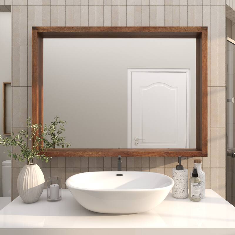Brown Mango Wood Minimalistic Wall Mirror with Natural Wood Grain and Deep Set Frame