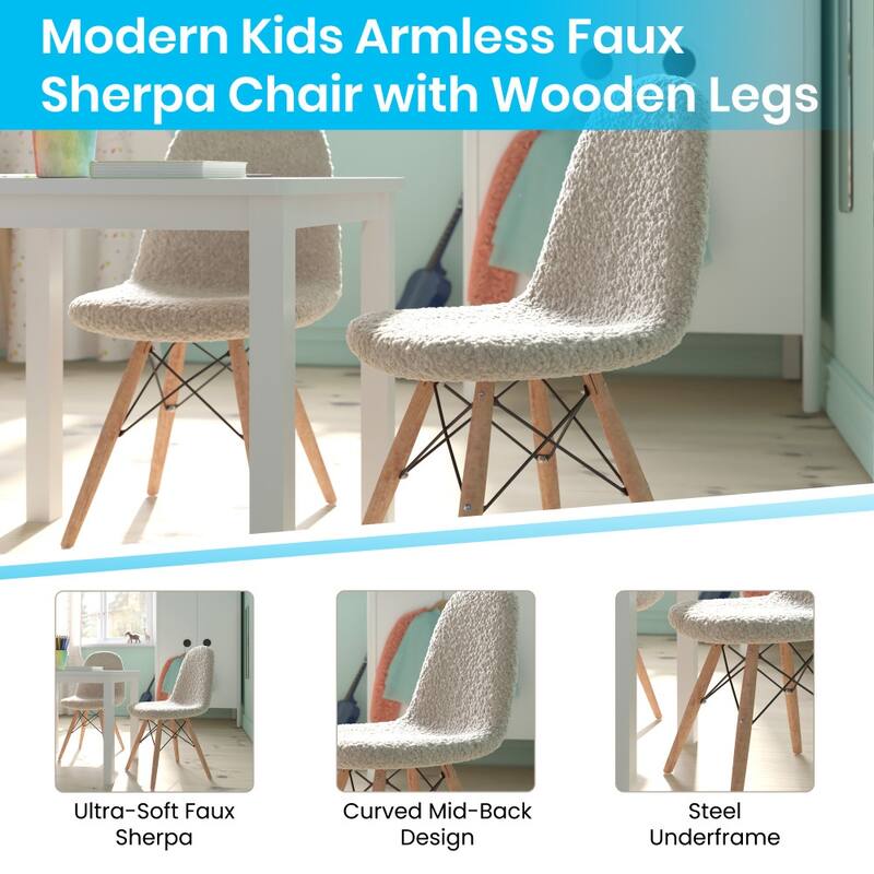 Kids Armless Faux Shearling Faux Shearling Chair with Beechwood Legs - 14.75"D x 13.5"W x 23"H