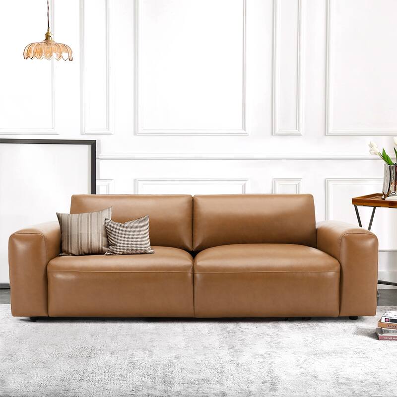 95" Oversized 3-Seater Sofa - Extra Deep Seats & Wide Arms, Down-Filled PU Leather Couch for Living Room, Apartment - Brown