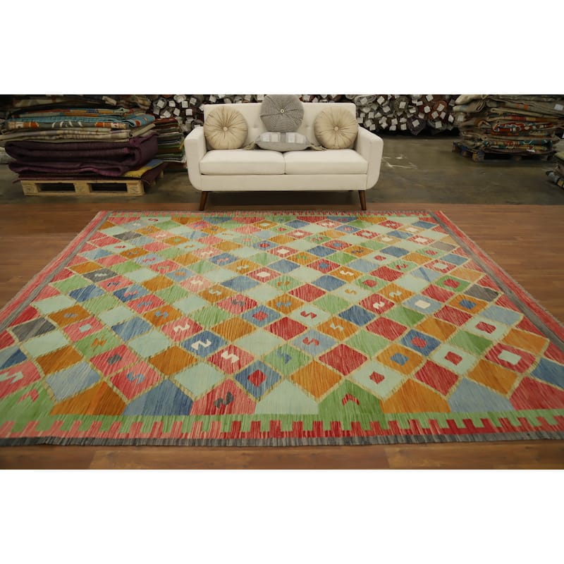 Hand Woven Oriental 100% Wool Carpet Southwestern Tribal Multi-Colored Kilim Area Rug - 9' 8'' X 8' 4''