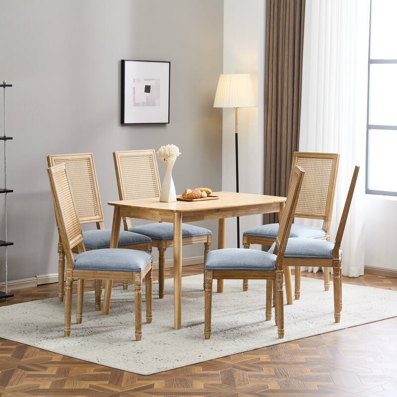 [Set of 6] French Country Dining Chairs-0Elegant Cane Backrest & Upholstered Seats with Fluted Legs- Solid Rubberwood Frame
